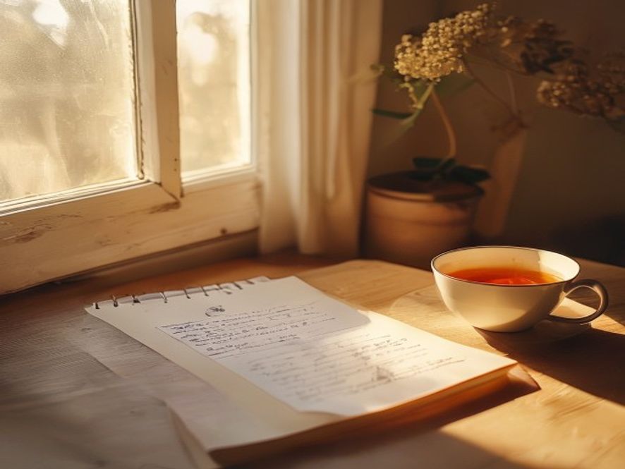 A calm home workspace with a handwritten evening checklist on a wooden desk, soft ambient lighting, and a cup of tea